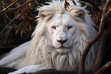 Albino lion with white fur lying in the forest and looking at the camera. Portrait of a rare exotic animal in nature.の素材