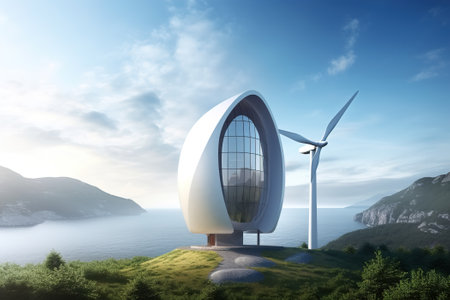 Modern futuristic architecture, eco-friendly country house with wind generators, alternative energy.の素材