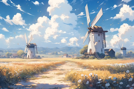 Rural landscape, windmills in the field. Anime illustration.の素材