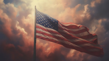 USA independence day, patriot day concept. American flag on a flagpole waving against a sunset or dawn sky, illustration.の素材