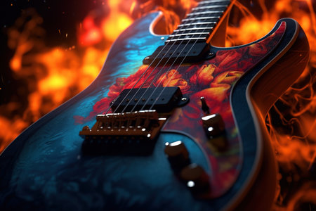 Cool electric guitar decorated with flowers on the background of fire flames, music concept. Close-up, selective focus.の素材