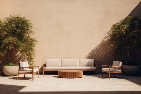 Minimalistic decor outdoor seating area. Patio chairs, table and trees against a concrete wall during the day.の素材