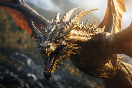 Flying aggressive dragon, fantastic fairytale creature in the sky. Fantasy illustration.の素材