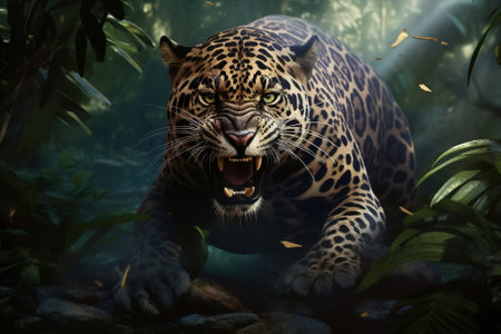 Growling leopard in the jungle, an aggressive dangerous predator hunts in the forest.の素材