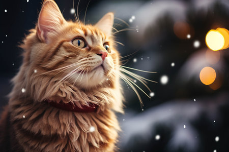 Ginger cat on snowy xmas night looking away outdoors, copy space.の素材