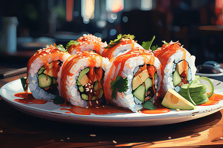 Traditional Japanese food, set of sushi rolls anime illustration.の素材