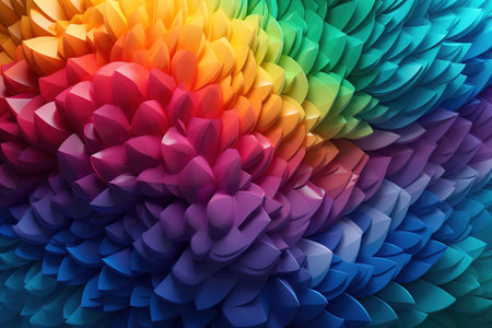 Volumetric multi-colored feathers, colorful iridescent abstract backdrop.の素材
