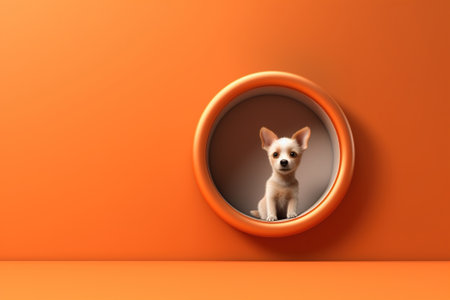 Cute funny puppy in the round window of the orange wall, copy space.の素材