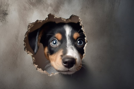 Curious funny puppy peeking through a hole in the wall.の素材