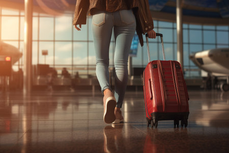 Rear view of unrecognizable slender woman in casual clothes walking with a suitcase at airport, close-up of legs and luggage. Travel, trip, vacation concept.の素材