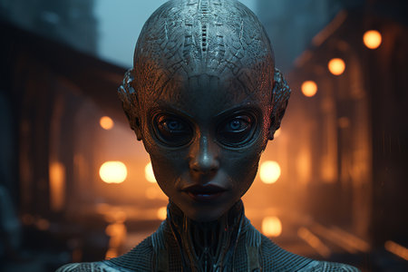 Creepy ufo female alien, bald female humanoid looking at camera, sci-fi illustration.の素材