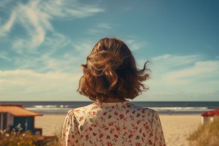 Summer nautical mood lifestyle, rear view of unrecognizable young woman with bob haircut wearing dress and standing on beach against backdrop of sea on sunny day.の素材