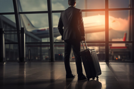 Travel, business trip concept. Rear view of an unrecognizable man in a businessman suit with a suitcase at the airport.の素材
