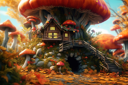 Fairytale mushroom house in the autumn forest. Mushroom kingdom fantasy illustration.の素材