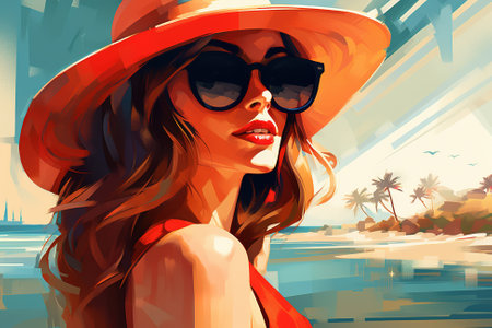 Illustration of stylish sensual caucasian woman on vacation at sea, portrait of young lady in glasses and red hat enjoying on beach sunny summer day.の素材