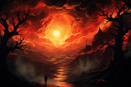 Apocalypse, burning skies illustration, silhouette of a man in a lifeless desert at night.の素材