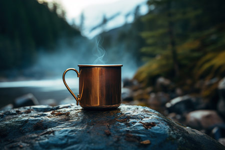 Close-up of camping mug with hot drink and steam standing against backdrop of mountains near stream, mockup. Bronze simple cup with place for branding in nature, hiking concept.の素材