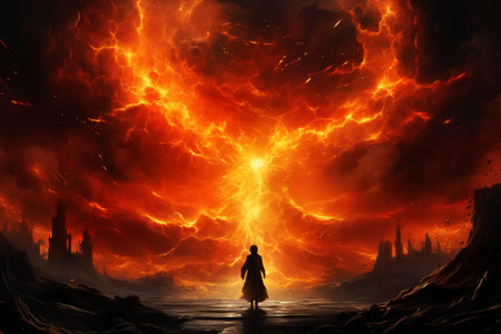 Hell, inferno illustration concept. Back view of silhouette of lonely woman sinner in dress walking along road into fiery burning sky.の素材