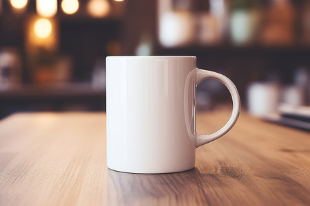 Close-up of a white mug with a mock handle-up, a cup standing on a wooden table inside the room.の素材
