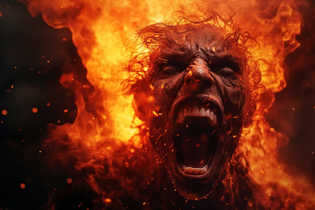 Burning screaming man, portrait of human in flame. Accident, tragedy, pain, sinner in hell concept.の素材