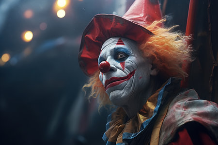 Sad frustrated clown, unhappy adult male jester in festive costume and make-up looking up hopefully.の素材