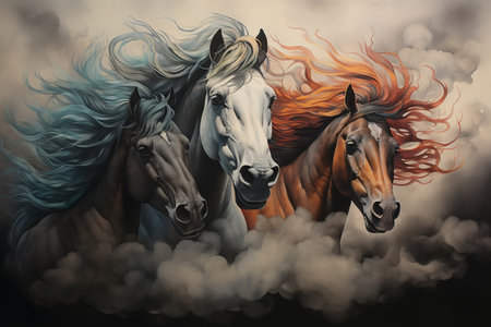 Fantasy illustration of head of three horses in clouds.の素材