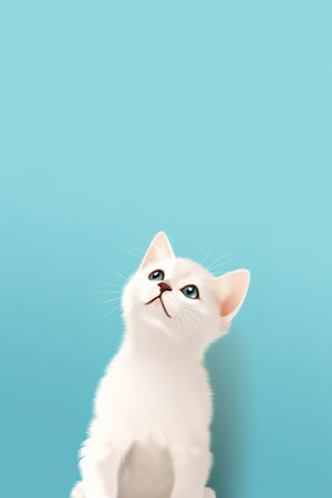 Cute fluffy white kitten on a blue background looking up, with copy space. Animal illustration of a pet, vertical angle.の素材
