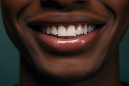 Dentistry and orthodontist, oral care and hygiene concept. Close-up of male beautiful smile, African American lips and clean white even teeth.の素材