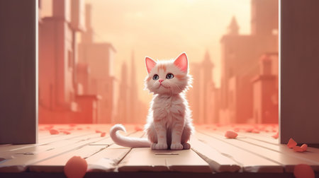 Illustration of a cute fluffy white kitten sitting in doorway of house on a sunny morning, a lonely pet kitty looking up.の素材