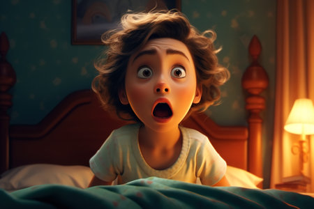 Nightmare, childish bad dreaming illustration. Frightened caucasian girl waking up in bed in the bedroom with an emotional expression on her face and open mouth.の素材
