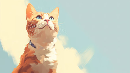Beautiful domestic cat looking up, pet on background of sky outdoors. Illustration banner with copy space.の素材