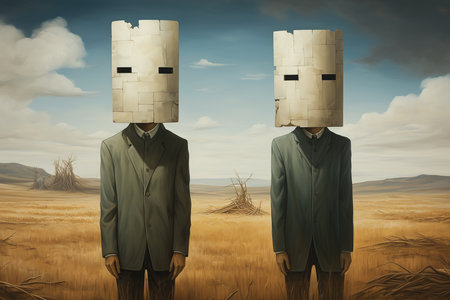 Conceptual surreal illustration, front view of two faceless people in suits and masks, businessmen standing in a field.の素材