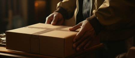 Close-up of African American man hands holding a package cardboard box. Postal delivery service.の素材