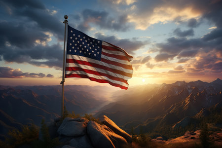 Waving american flag on a pole in the mountains?の素材