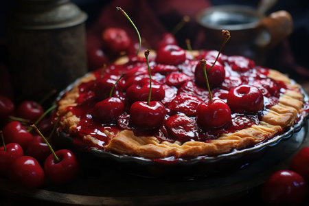 Close-up sweet fresh cherry pie baking dessert, bunch of berries.の素材
