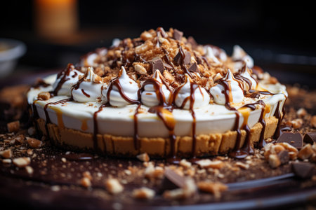 Close-up sweet dessert pie with cream and chocolate chips on the table.の素材