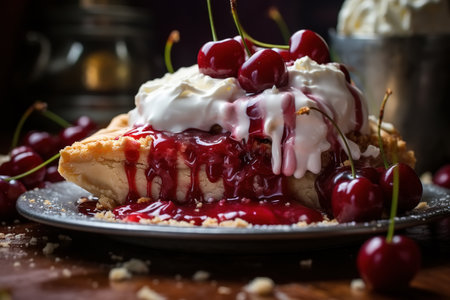 Close-up piece of cherry pie with berries on a plate indoors, dessert.の素材