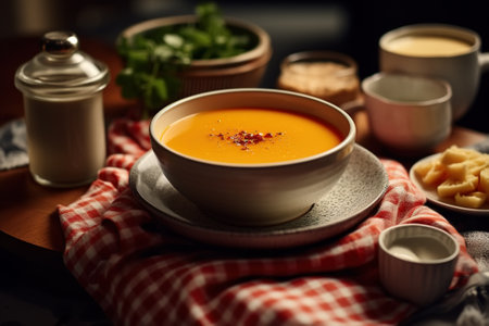 Vegetarian lunch, close-up of a cup of thick pumpkin soup with spices on a tablecloth indoors.の素材