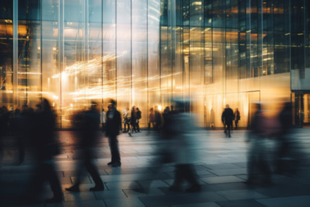 People in the business district on the street in the evening, motion blur.の素材