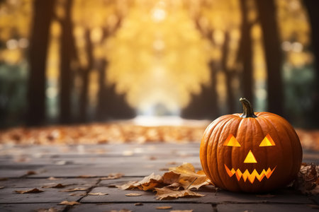 Halloween evil-faced pumpkin on sidewalk in park on an autumn day, copy space.の素材