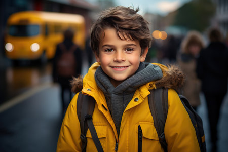 Back to school, smiling handsome schoolboy in jacket with backpack outdoors looking at camera.の素材