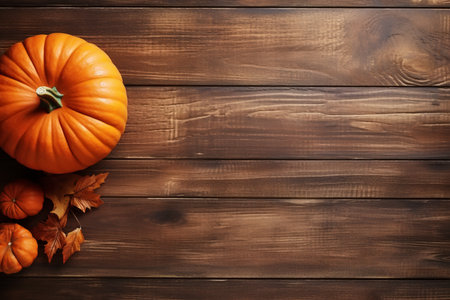 Harvesting, halloween concept. Orange pumpkins and autumn leaves on a wooden background with copy space, top view.の素材
