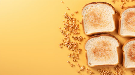 Top view fried toast with seeds on a yellow background with copy space.の素材