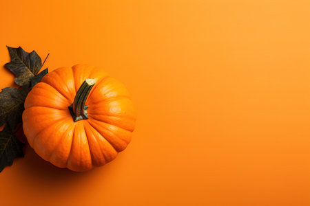 One pumpkin on a yellow background with copy space, top view.の素材