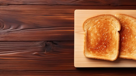 Fried crispy bread, two pieces of toast on a wooden board. Top view, banner with copy space.の素材