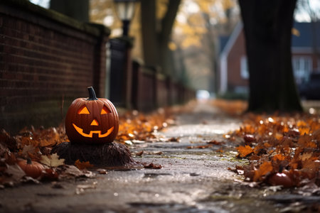 Halloween decorated pumpkin on street on an autumn day, copy space.の素材