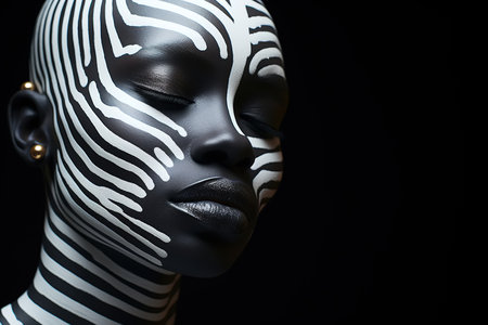 Portrait of an African American woman with closed eyes with spots, white paint splashes on her face. Female fashion portrait with a zebra pattern on a black background, make-up.の素材
