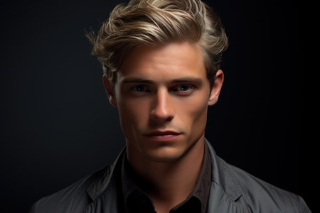 Magazine portrait caucasian confident young man, handsome guy with haircut looking at camera.の素材