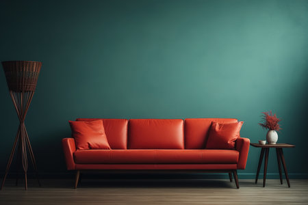 Minimalistic interior design, red sofa against the wall.の素材