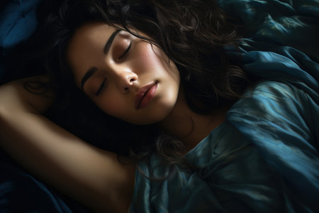 Beautiful sleeping young woman in bed in the bedroom at night.の素材